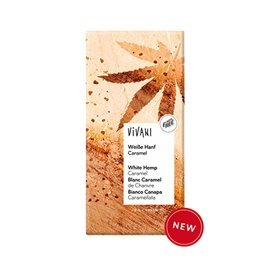 Vivani hvid chokolade Ø med karamelliseret hamp 80g.